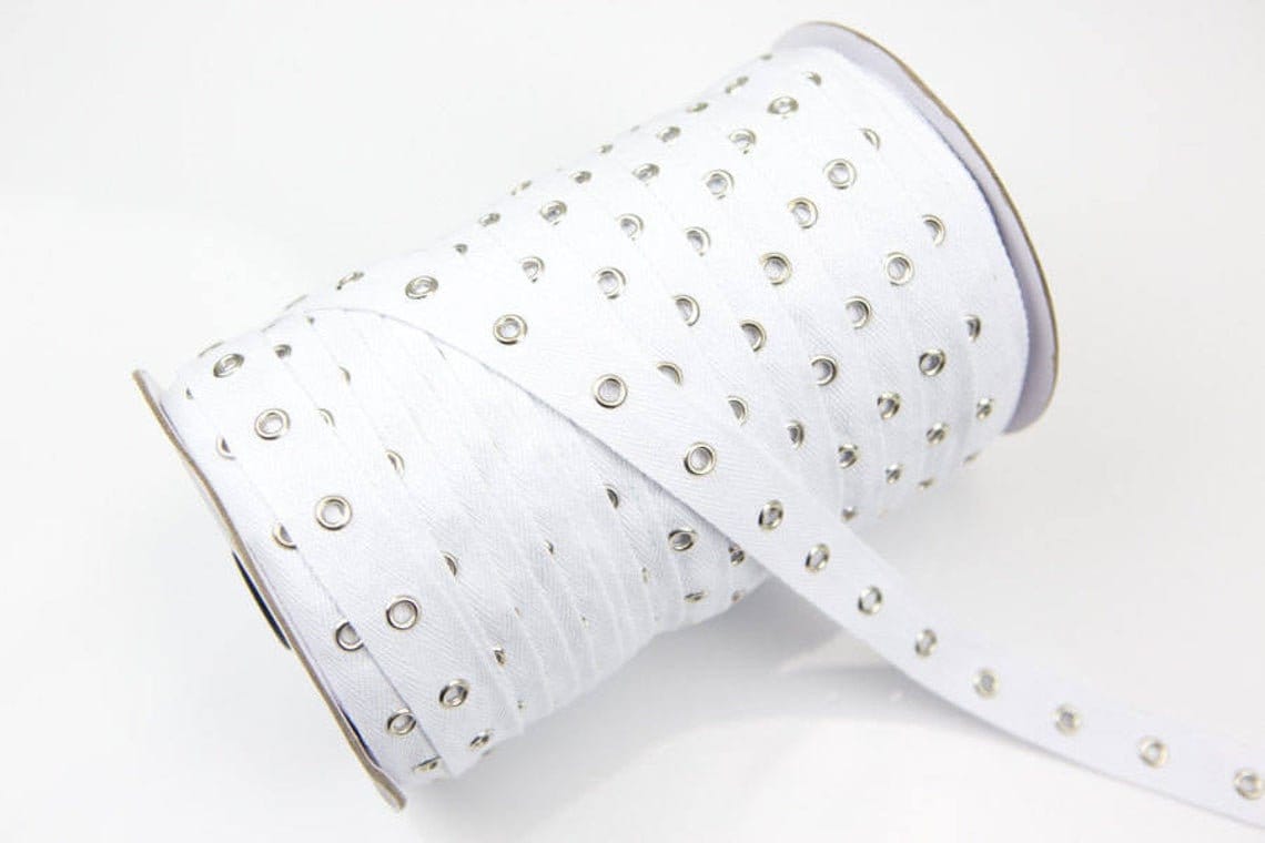 White Grommet Tape with Nickel Eyelet Cotton Twill Tape on Trim 5 yds - AL27D / LA10541D