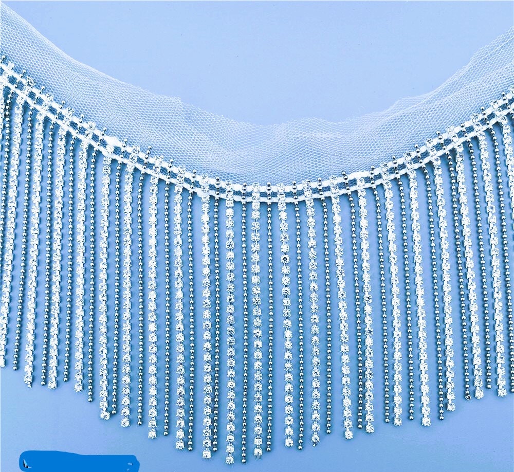 1 Yard...Tassel Crystal Rhinestone Fringe Trim Bling Diamond Silver Crystal Decorative Metal Chain Clothing Dress Accessories - Rhinestones