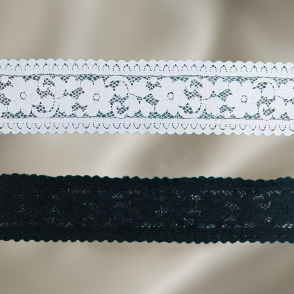 Stretch Floral Lace Trim - White & Black