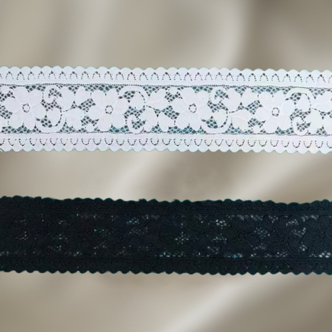 Stretch Floral Lace Trim - White & Black
