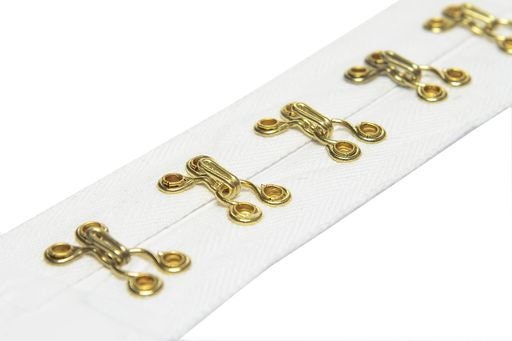 Beyond Trim White Cotton Hook & Eye Tape with black tape, white tape Gold Hooks and Sliver Hooks - 3yd