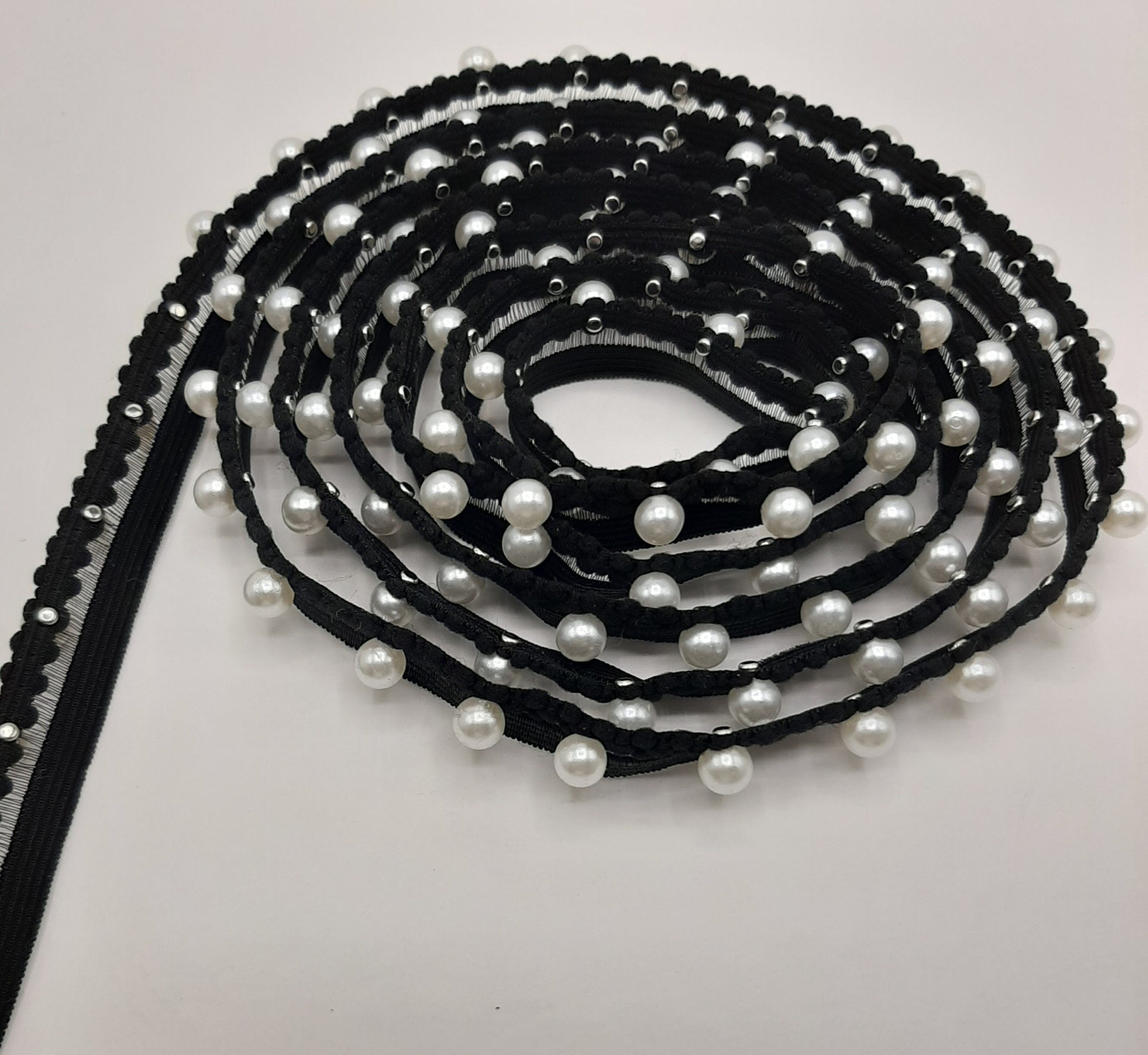 5 yards 1/2" width White and Black color tulle trim with pearl decorative for your fashion/wedding design decorative