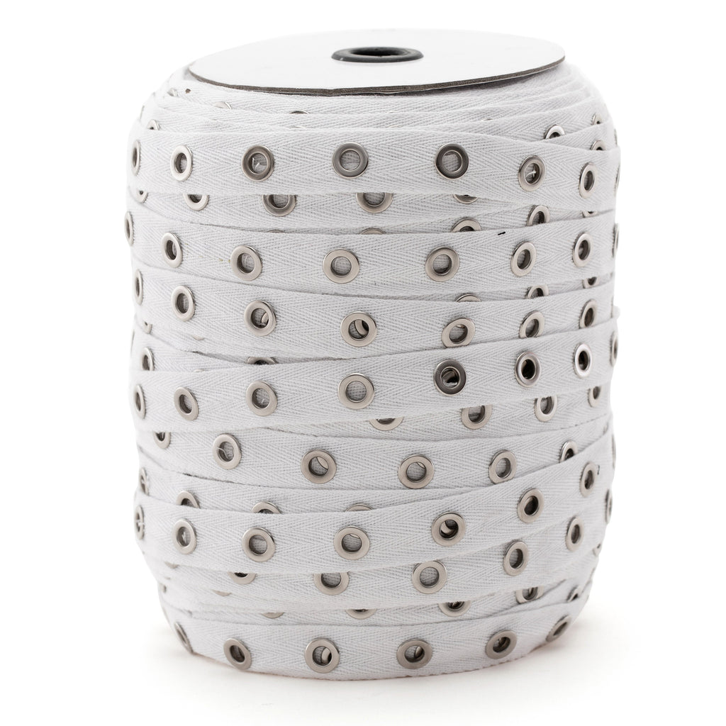 White Grommet Tape with Nickel Eyelet Cotton Twill Tape on Trim 5 yds - AL27D / LA10541D