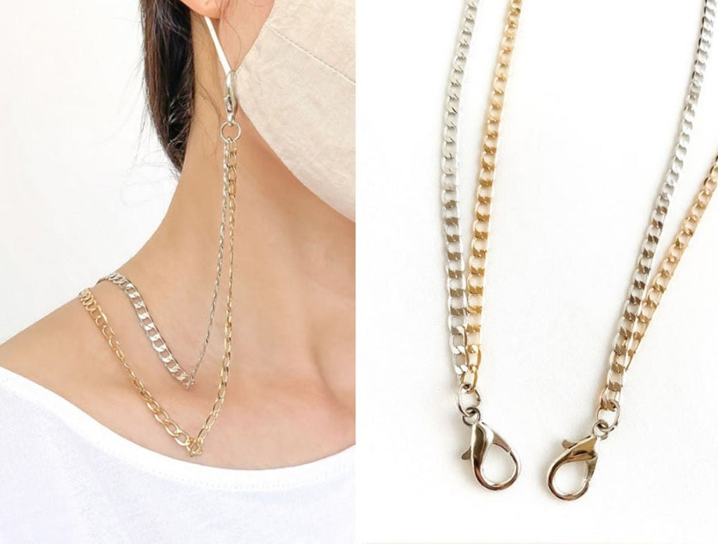 Double Chain Gold / Silver (Not Real Gold/Silver) 2 in 1 Face Mask Holder, Lanyard mask chain Unisex T5017
