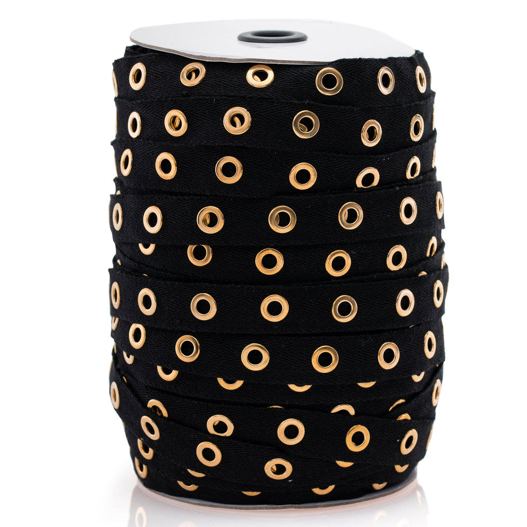 1" Black and Gold Large Cotton Grommet Tape Eyelet Cotton Twill Tape Trim by the 5 yard