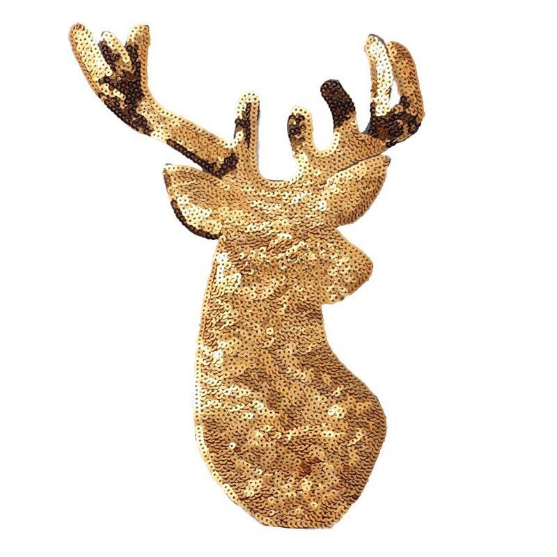 Sequin Checker Deer Patches Christmas Iron On Appliques 2 PCS Gold Xmas Reindeer Head Sew-On Fabric Embroidery DIY