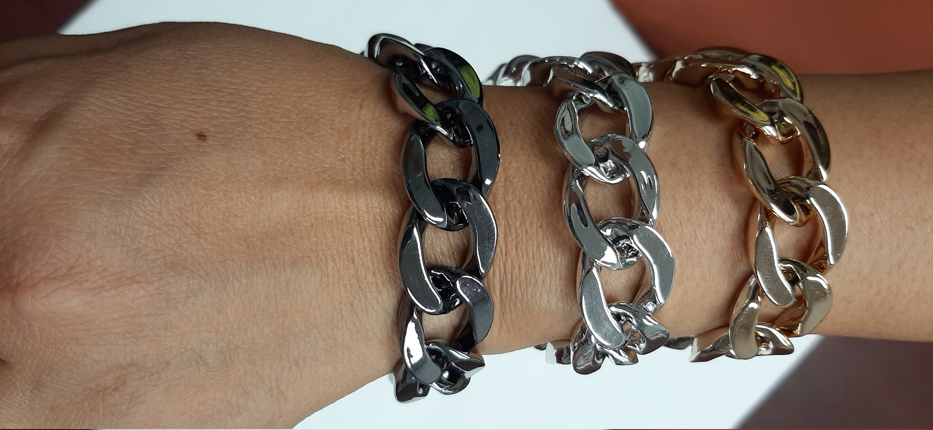 Chunky Gold Curb Chain Bracelet ,smooth gold curb chain bracelet ,gold Sliver and Gunmetal  link chain bracelet