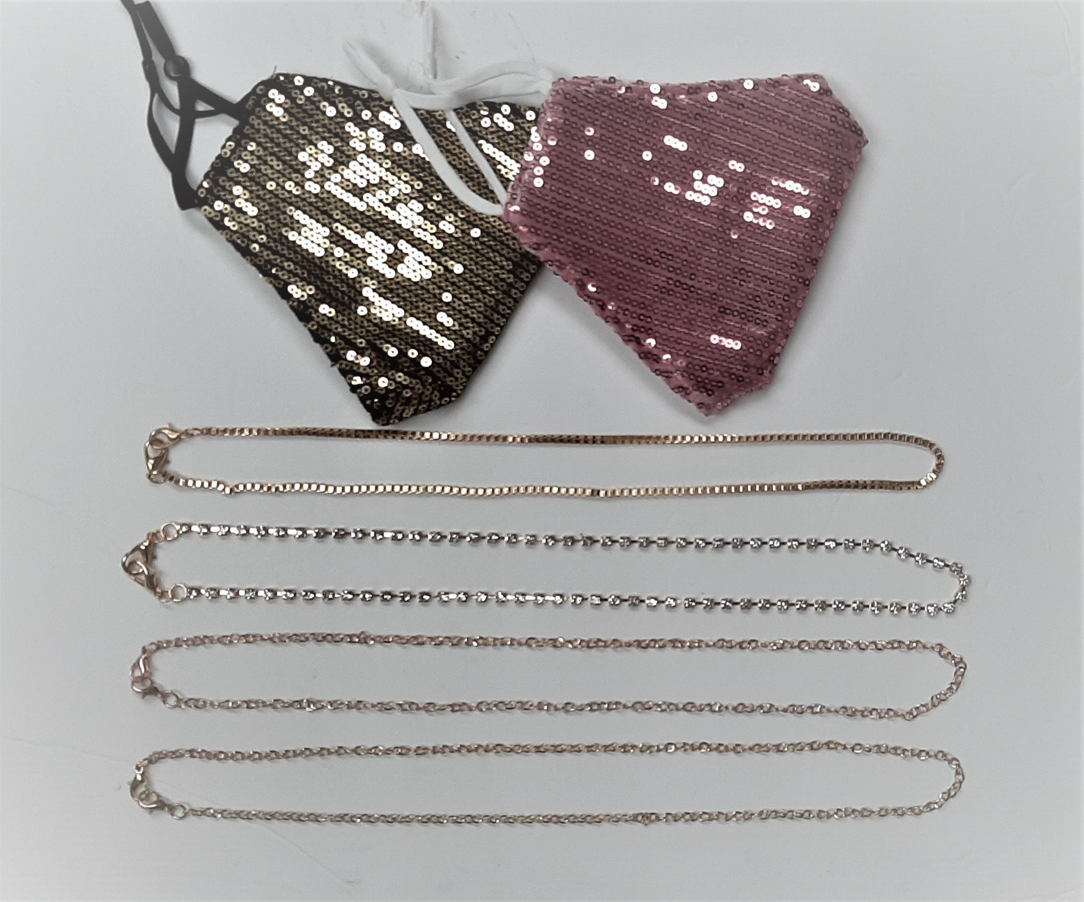 Rhinestone and chain Lead Free Gold Plated (Not Real Gold) Cup Chain Lanyard - Set ( 2 sequence face mask + 4 gold chain mask necklace)