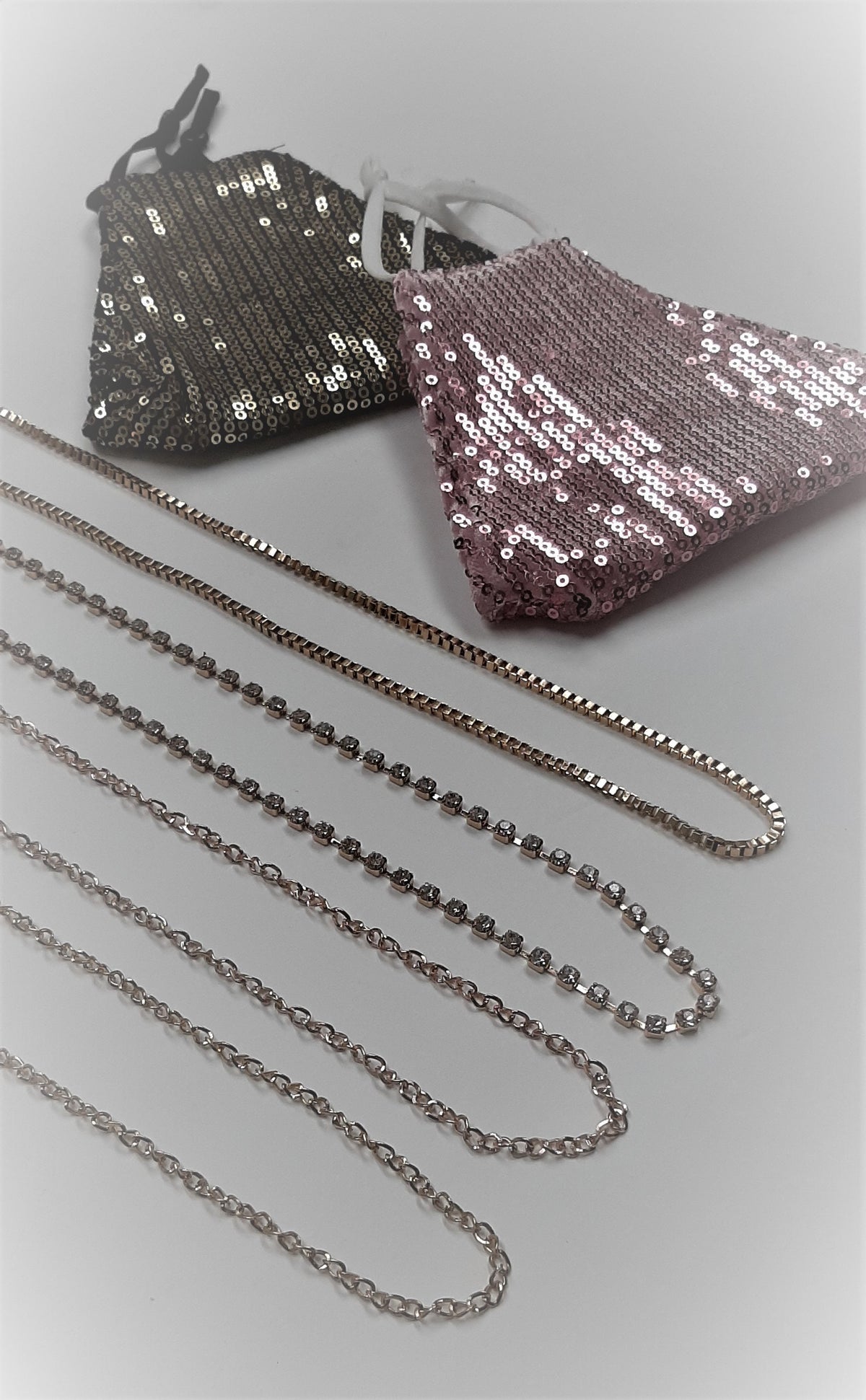 Rhinestone and chain Lead Free Gold Plated (Not Real Gold) Cup Chain Lanyard - Set ( 2 sequence face mask + 4 gold chain mask necklace)