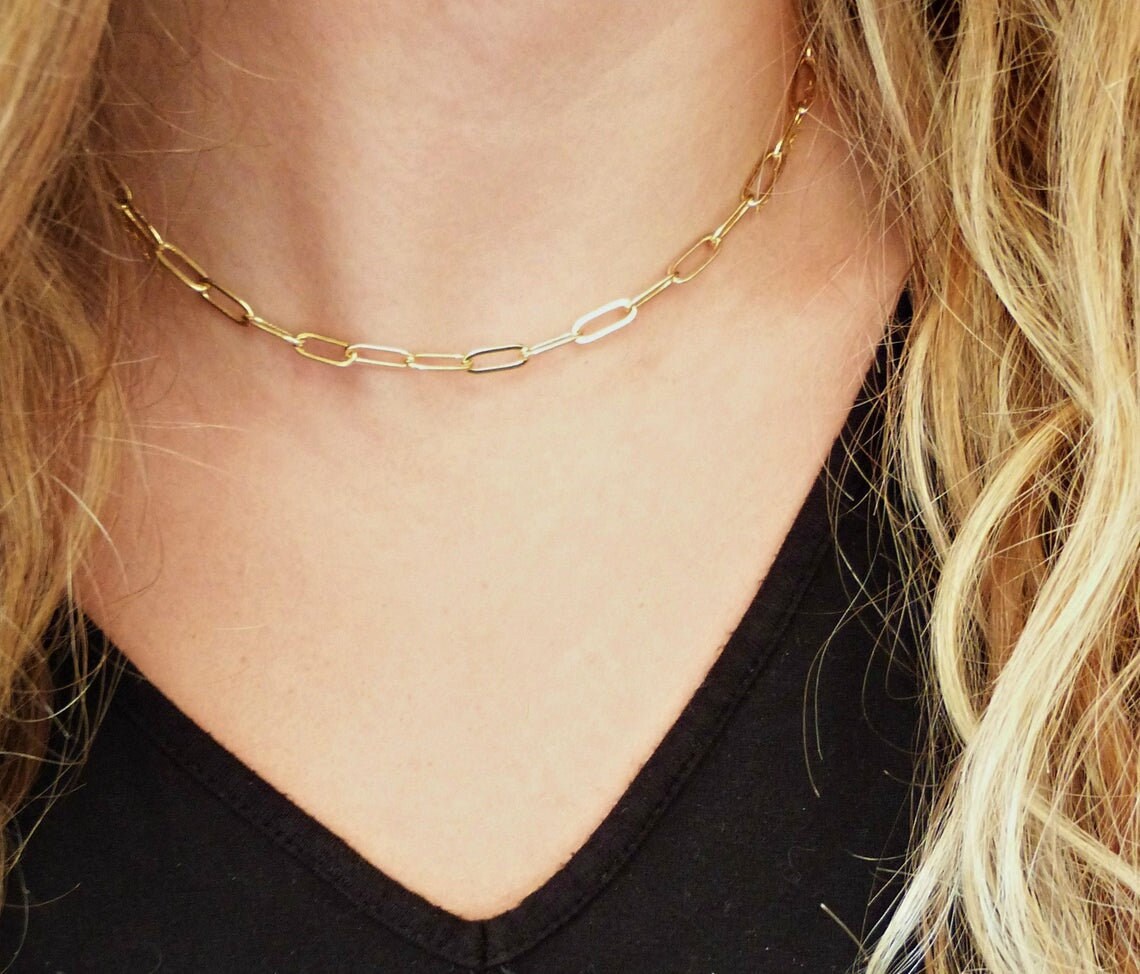 Link chain choker necklace, gold and sliver necklace, BOX chain choker necklace, long link choker necklace, Bold Chain necklace