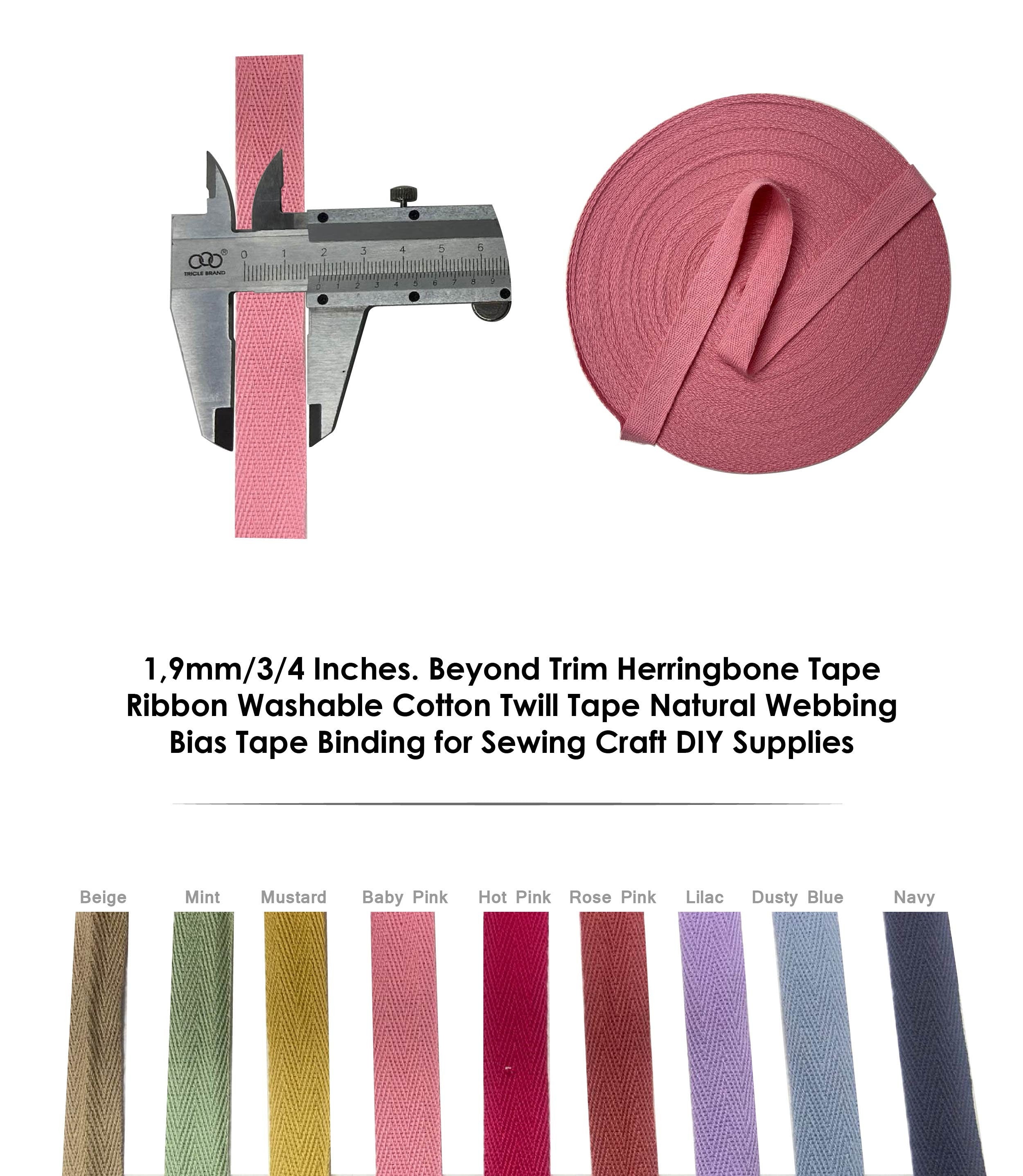 100% Cotton Herringbone Fabric Roll Sewing Twill tape, Bias Tape Crafts DIY Webbing Gift Wrapping Home Decor 10 Yard 3/4 Inch