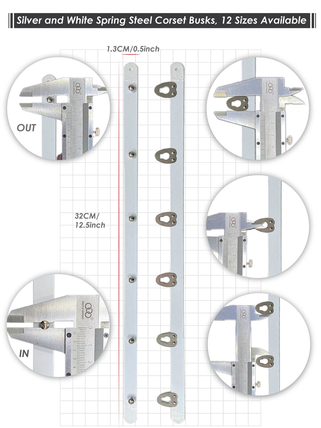 Silver and White Spring Steel Corset Busks, 12 Sizes Available