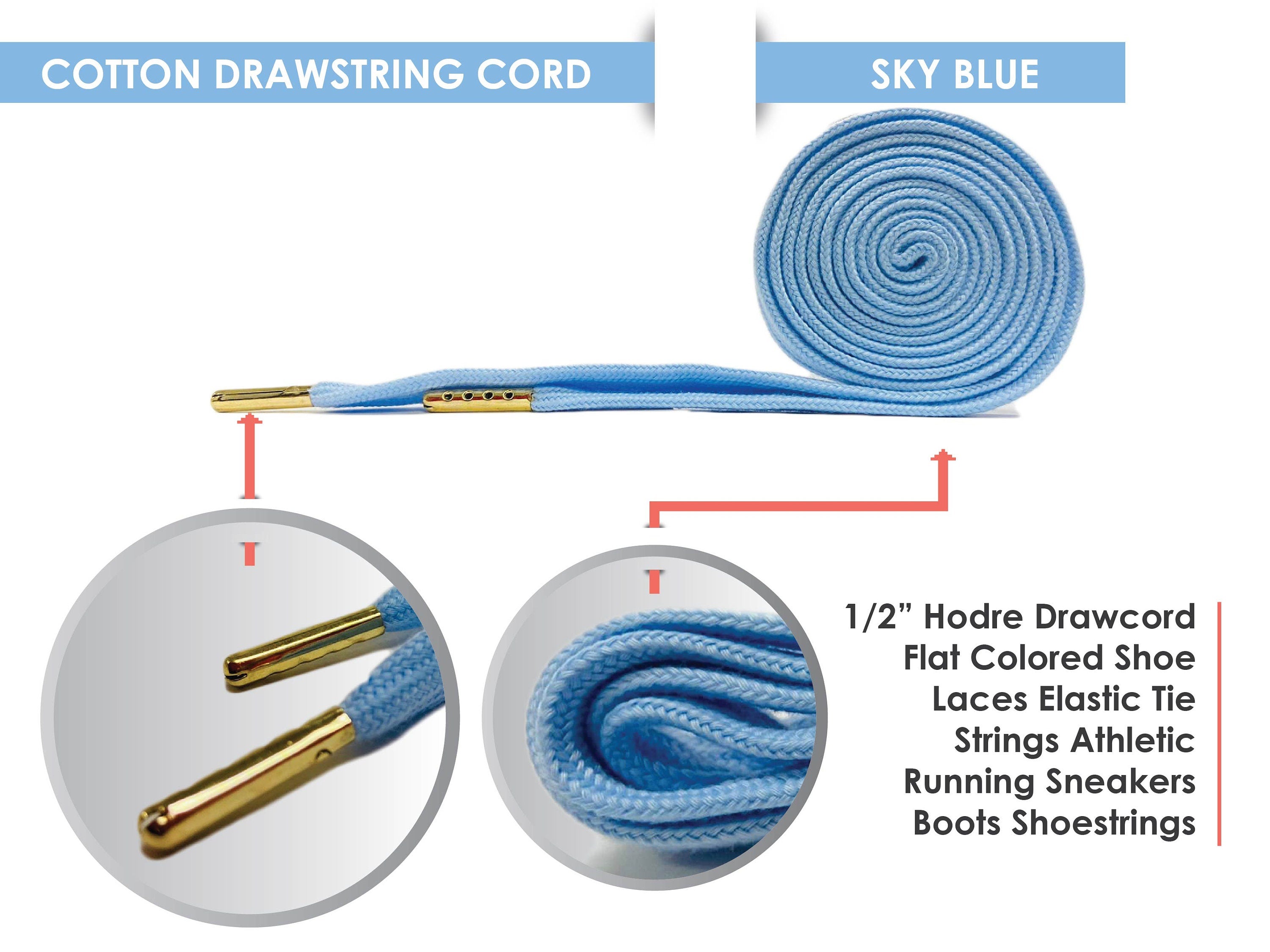 PolyCotton Flat Premium Colorful  Shoelaces with Metal Tips, Hoodie Strings, Jogger Strings,  55 inches,