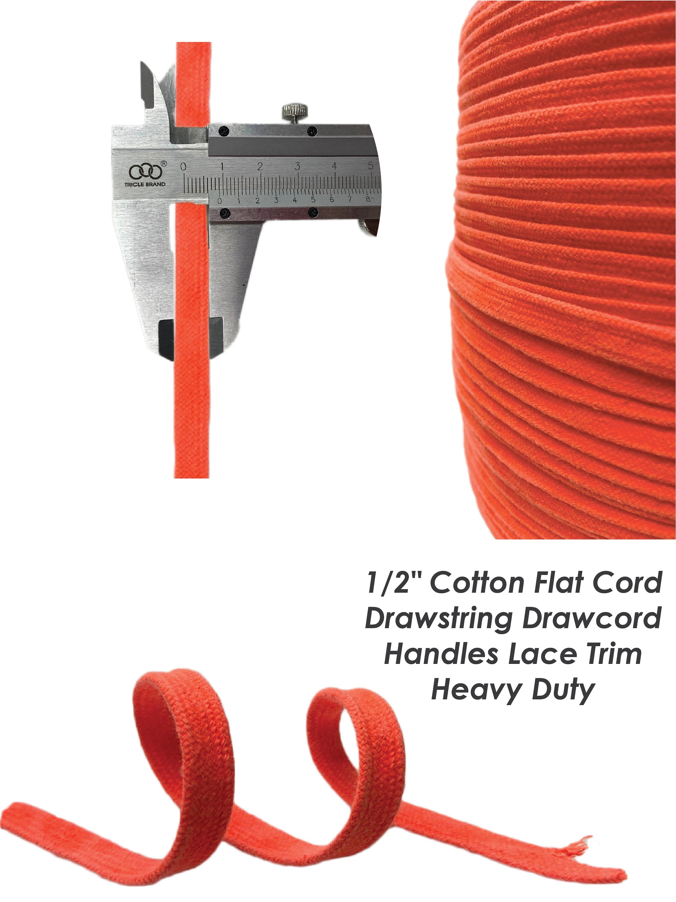 3/8" Cotton Flat Cord Drawstring Drawcord Handles Lace Trim Heavy Duty - Neon Orange, Neon pink , Ivory , Grey , Burgundy