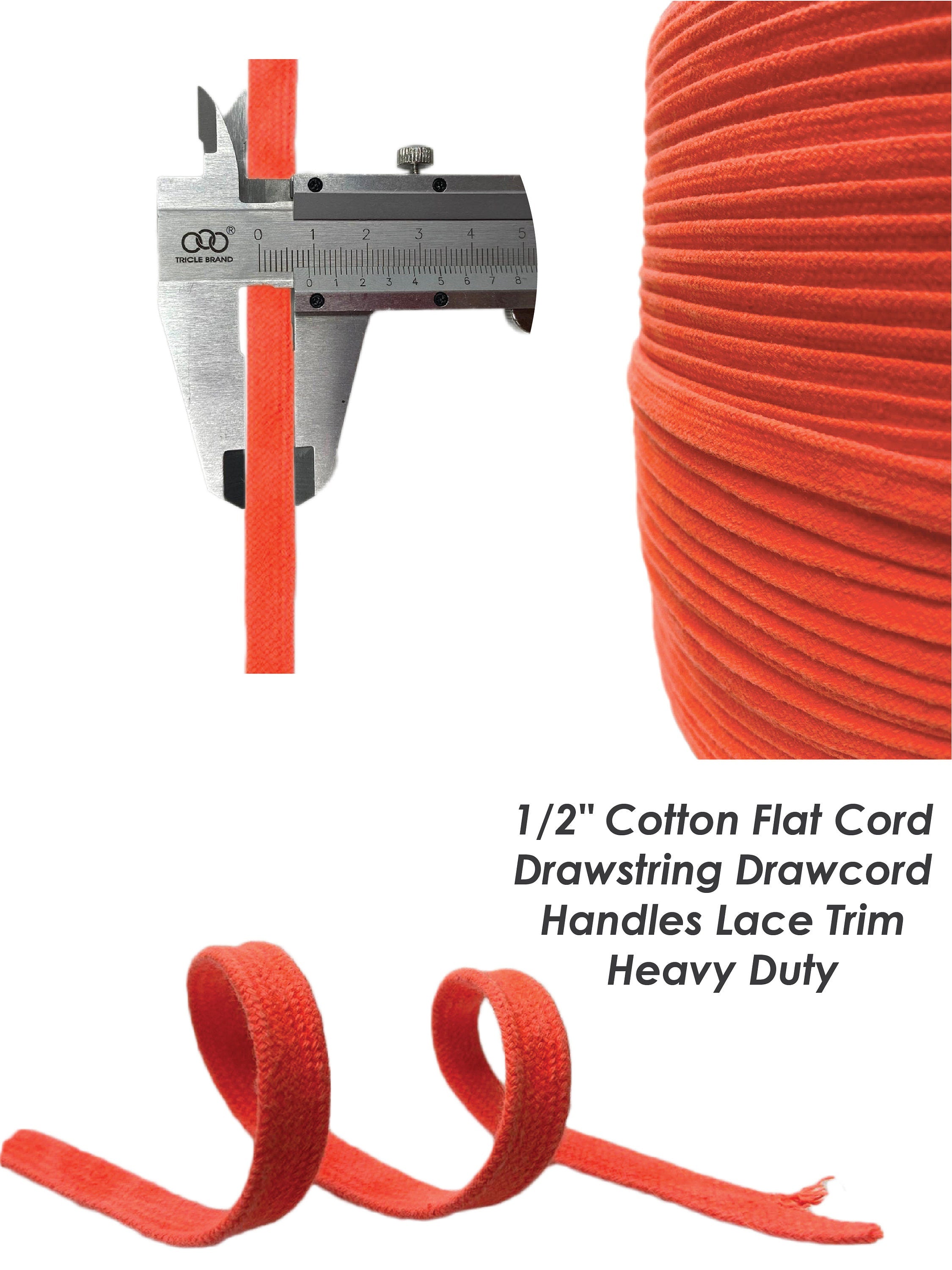 3/8" Cotton Flat Cord Drawstring Drawcord Handles Lace Trim Heavy Duty - Neon Orange, Neon pink , Ivory , Grey , Burgundy
