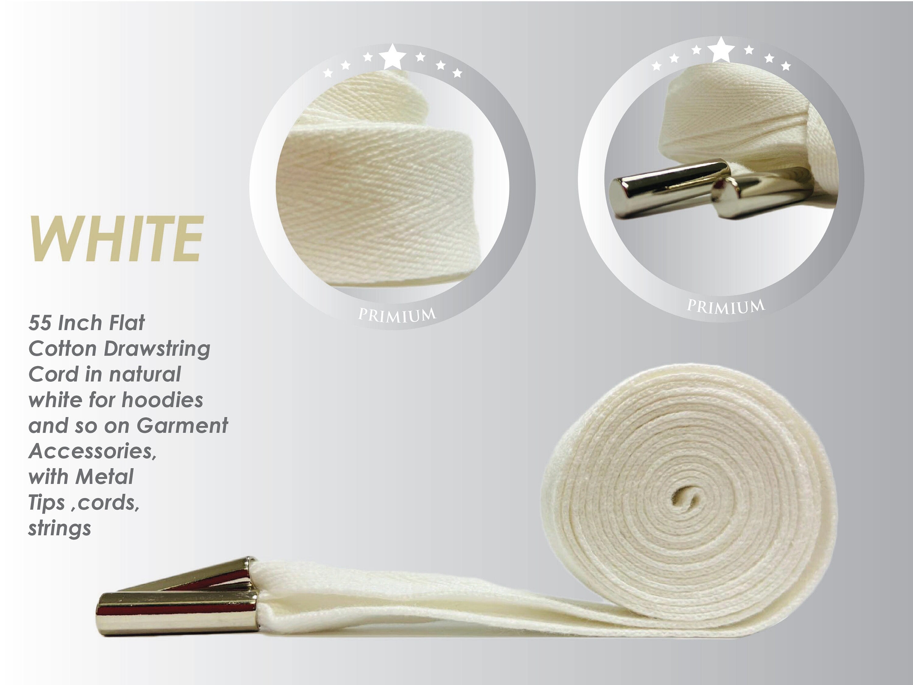 Beyond Trim Drawstring Cord Rope - Flat Cotton with Metal Tips 55 Inch Replacement Piping Drawcord String Clothing Hoodie Sewing DIY Crafts
