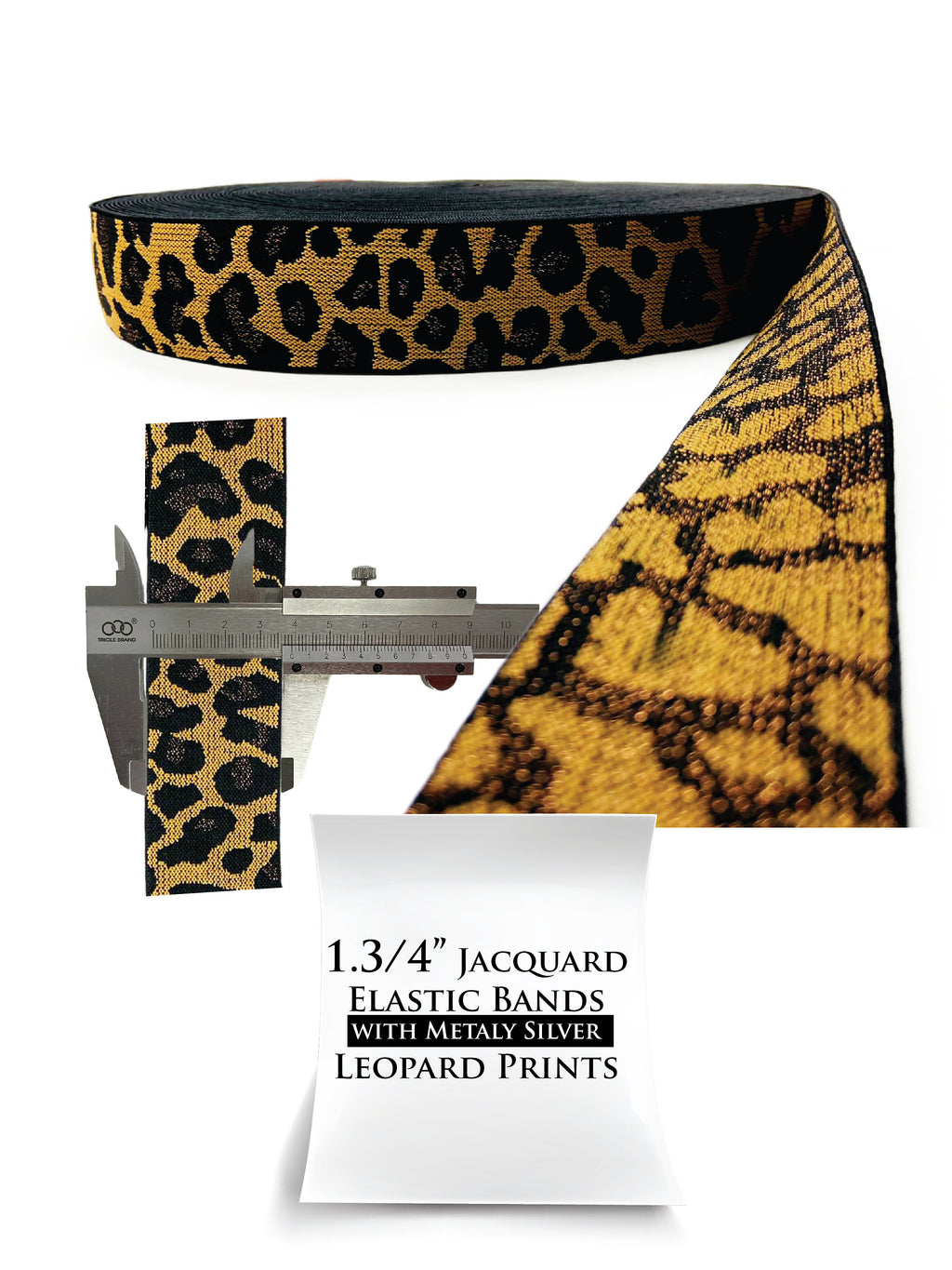 1.3/4’’ Jacquard Elastic Bands with Metal Hardware, Silver Leopard Prints, Heavy Duty. Hat Bell Band.