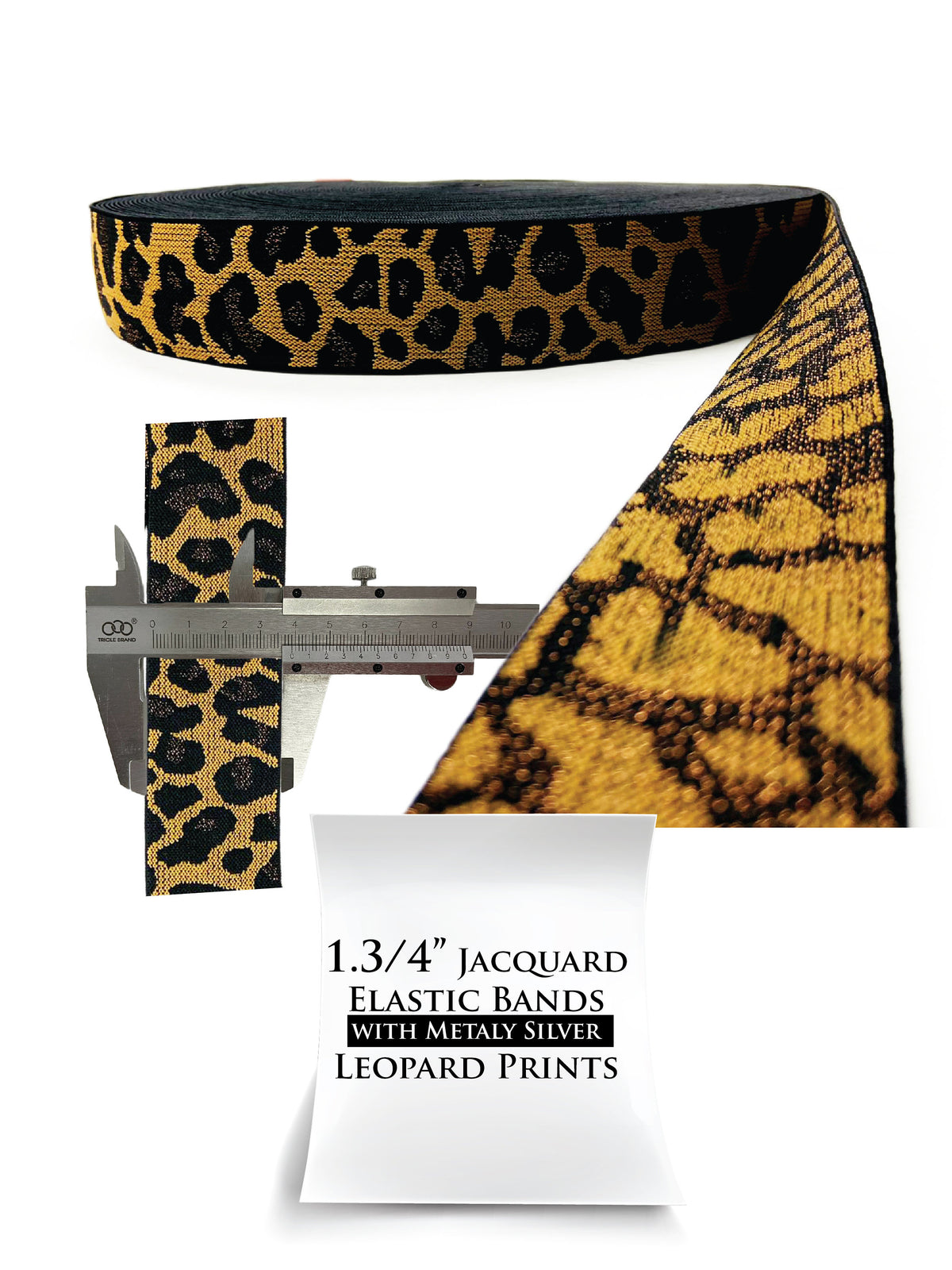 1.3/4’’ Jacquard Elastic Bands with Metal Hardware, Silver Leopard Prints, Heavy Duty. Hat Bell Band.