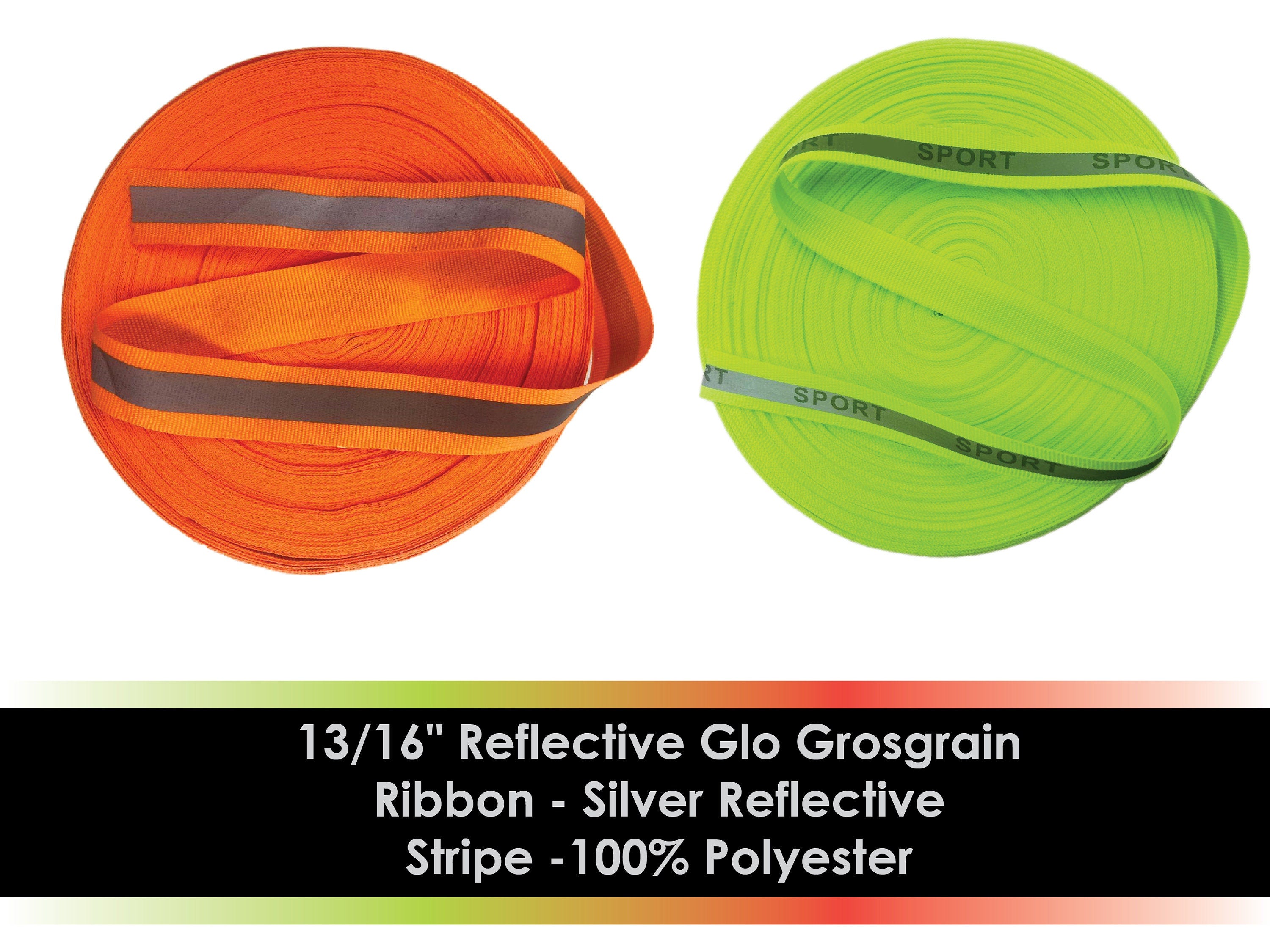 13/16" Reflective Glo Grosgrain Ribbon - Silver Reflective Stripe -100% Polyester