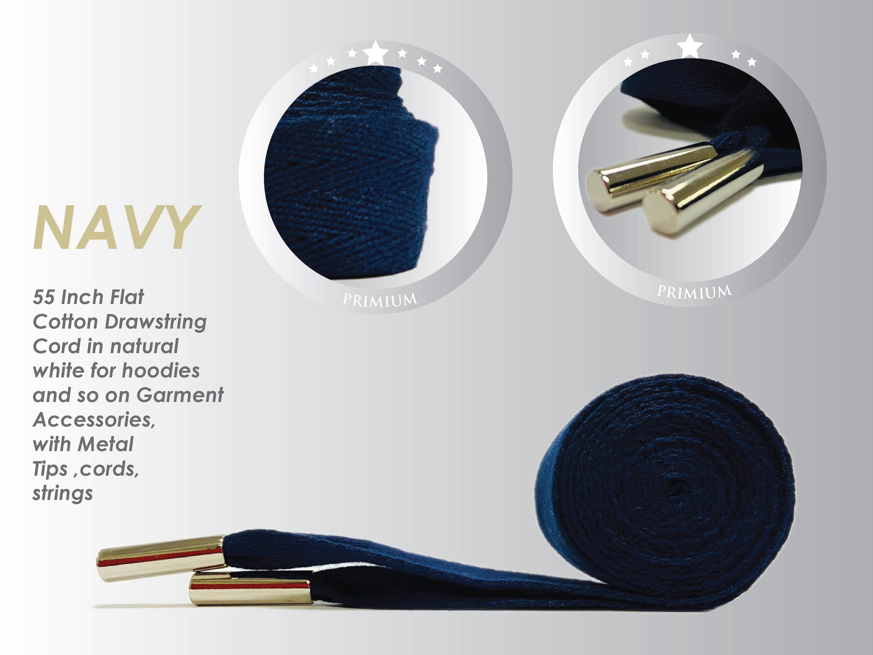 55 Inch Flat Cotton Drawstring Drawcord for hoodies and Garment Accessories with Metal Tips cords strings - BR1115