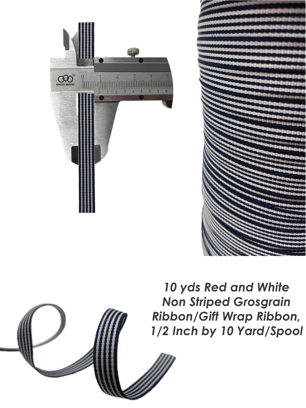 10 yds Red and White , Navy and White Non Striped Grosgrain Ribbon/Gift Wrap Ribbon, 1/2 Inch by 10 Yard/Spool