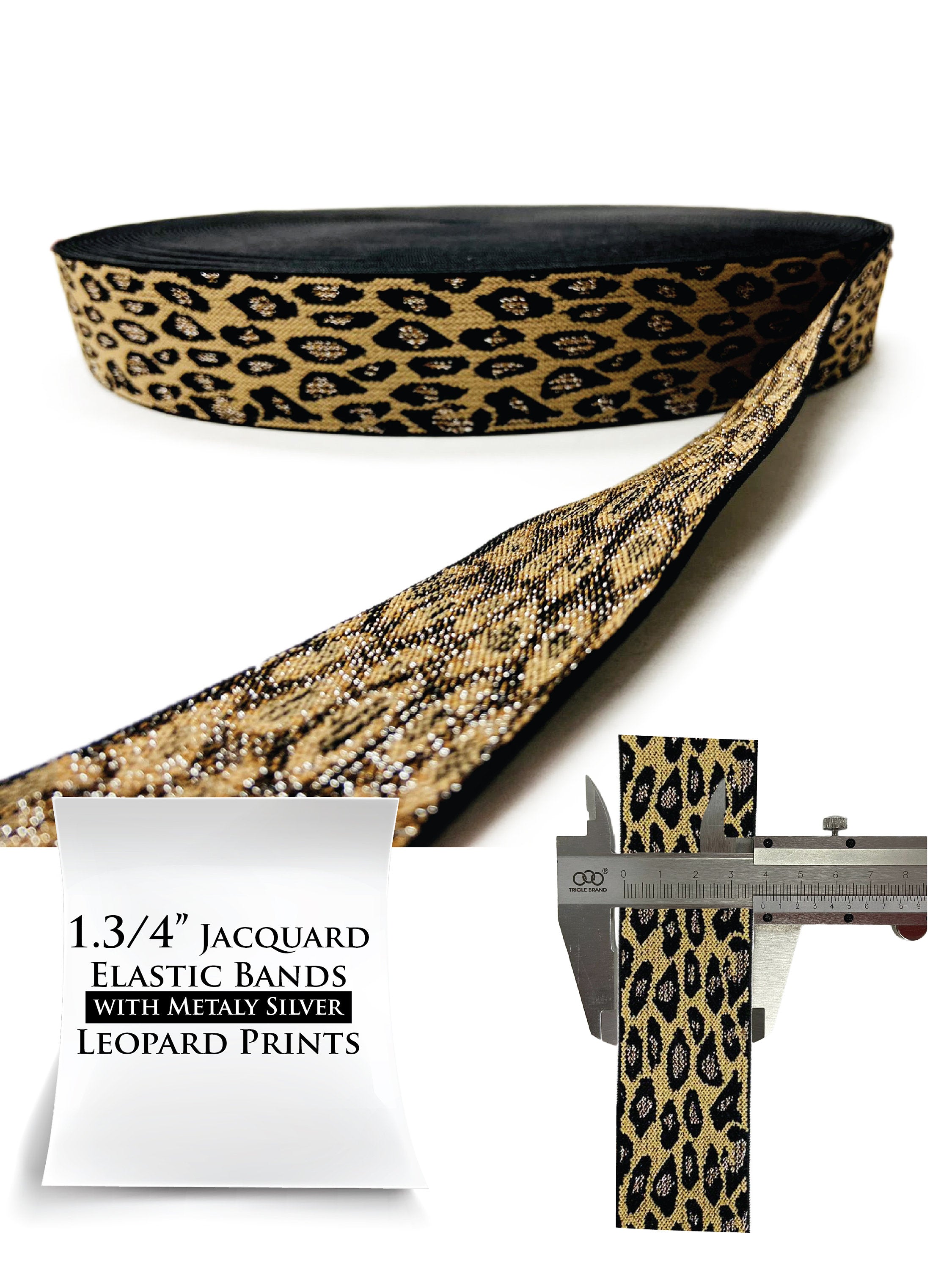 1.3/4’’ Jacquard Elastic Bands with Metal Hardware, Silver Leopard Prints, Heavy Duty. Hat Bell Band.