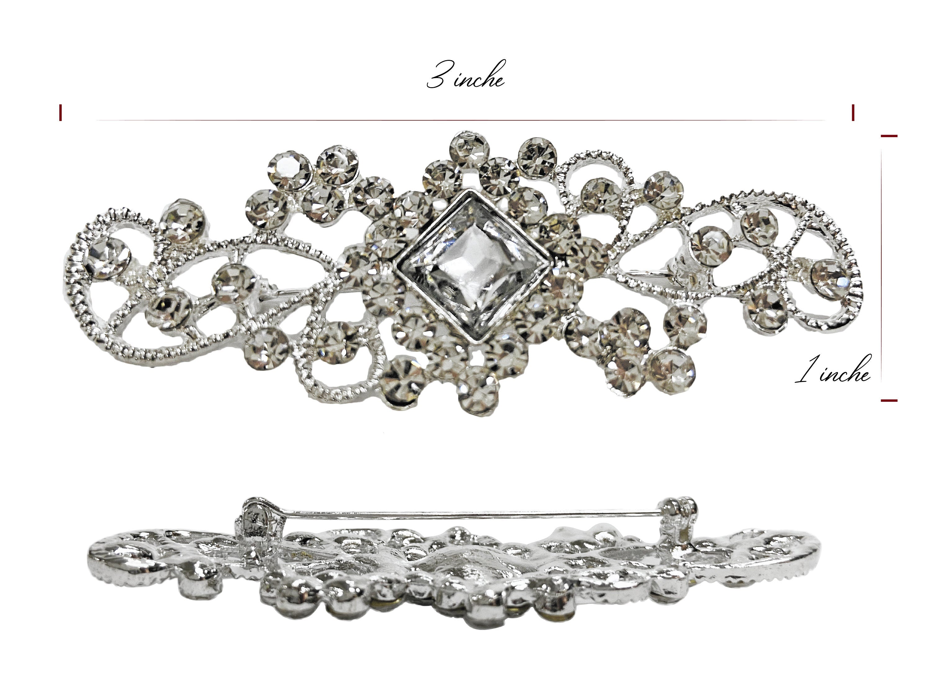 set of 3 Rhinestone Brooch Pin, Dress Sash Brooch, Crystal Rhinestone, Silver. Wedding 3 PCS