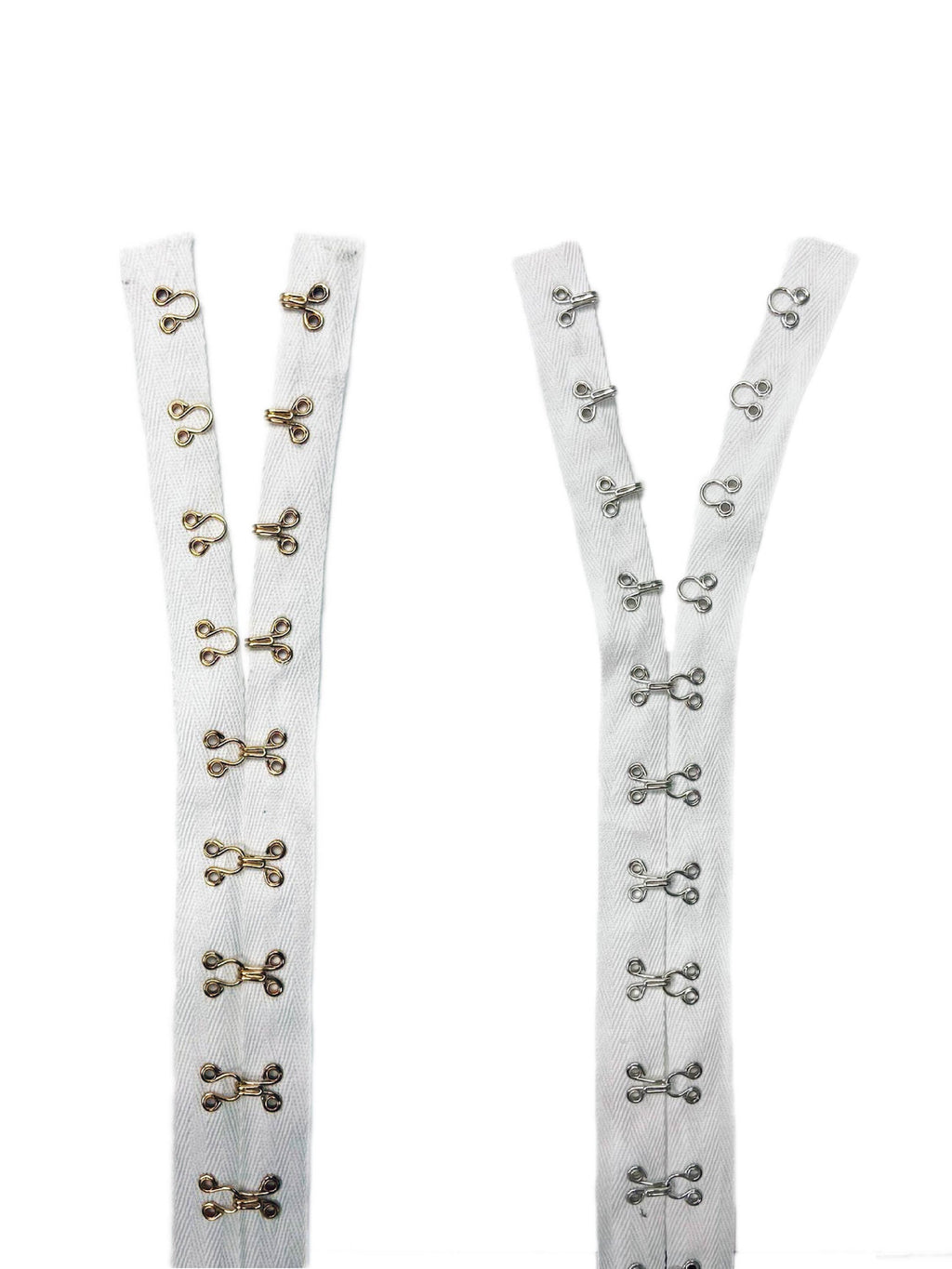 Beyond Trim White Cotton Hook & Eye Tape with black tape, white tape Gold Hooks and Sliver Hooks - 3yd