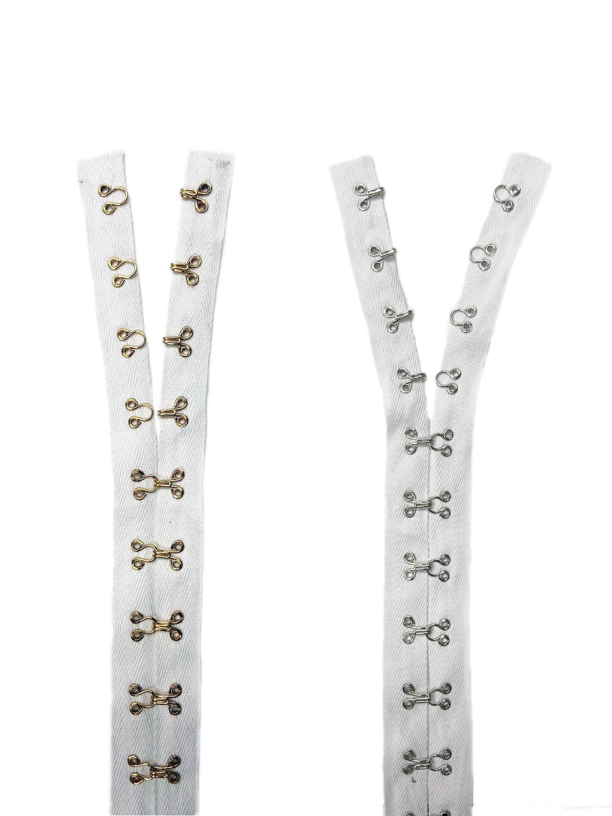 Beyond Trim White Cotton Hook & Eye Tape with black tape, white tape Gold Hooks and Sliver Hooks - 3yd