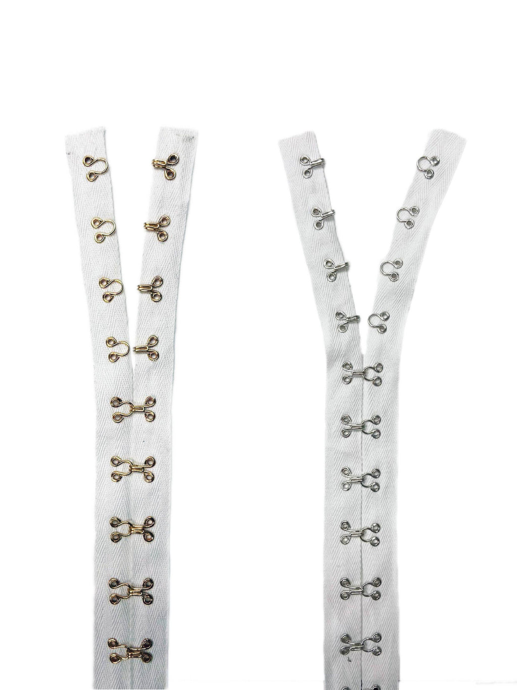 Beyond Trim White Cotton Hook & Eye Tape with black tape, white tape Gold Hooks and Sliver Hooks - 3yd