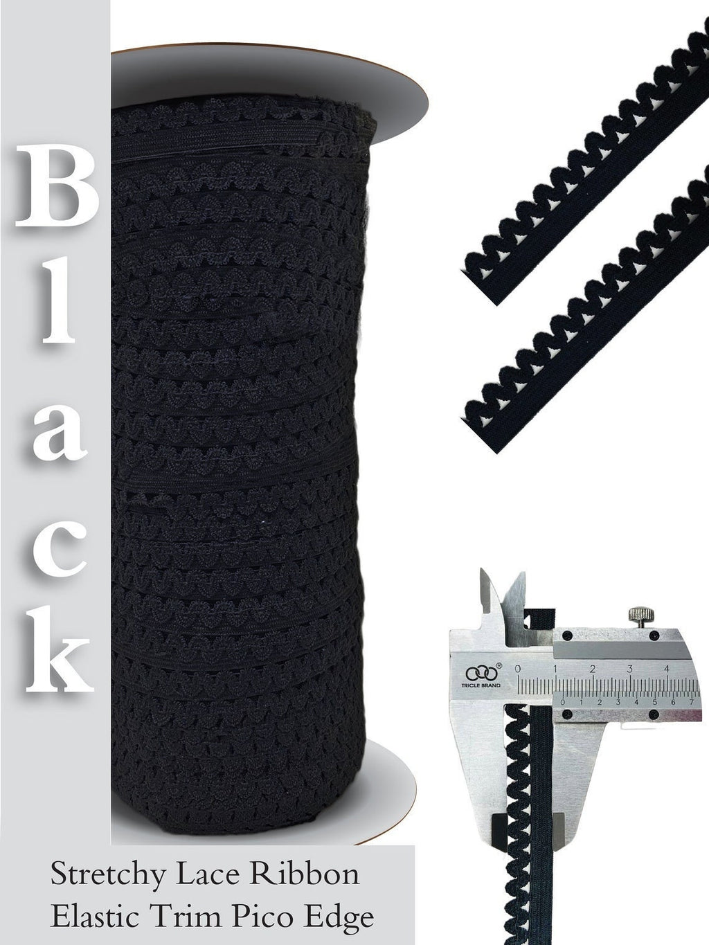 Black / White Stretchy Edge Trim 12 mm Width Lace Elastic Picot Edge 10 Yards FREE SHIPPING - TL952A