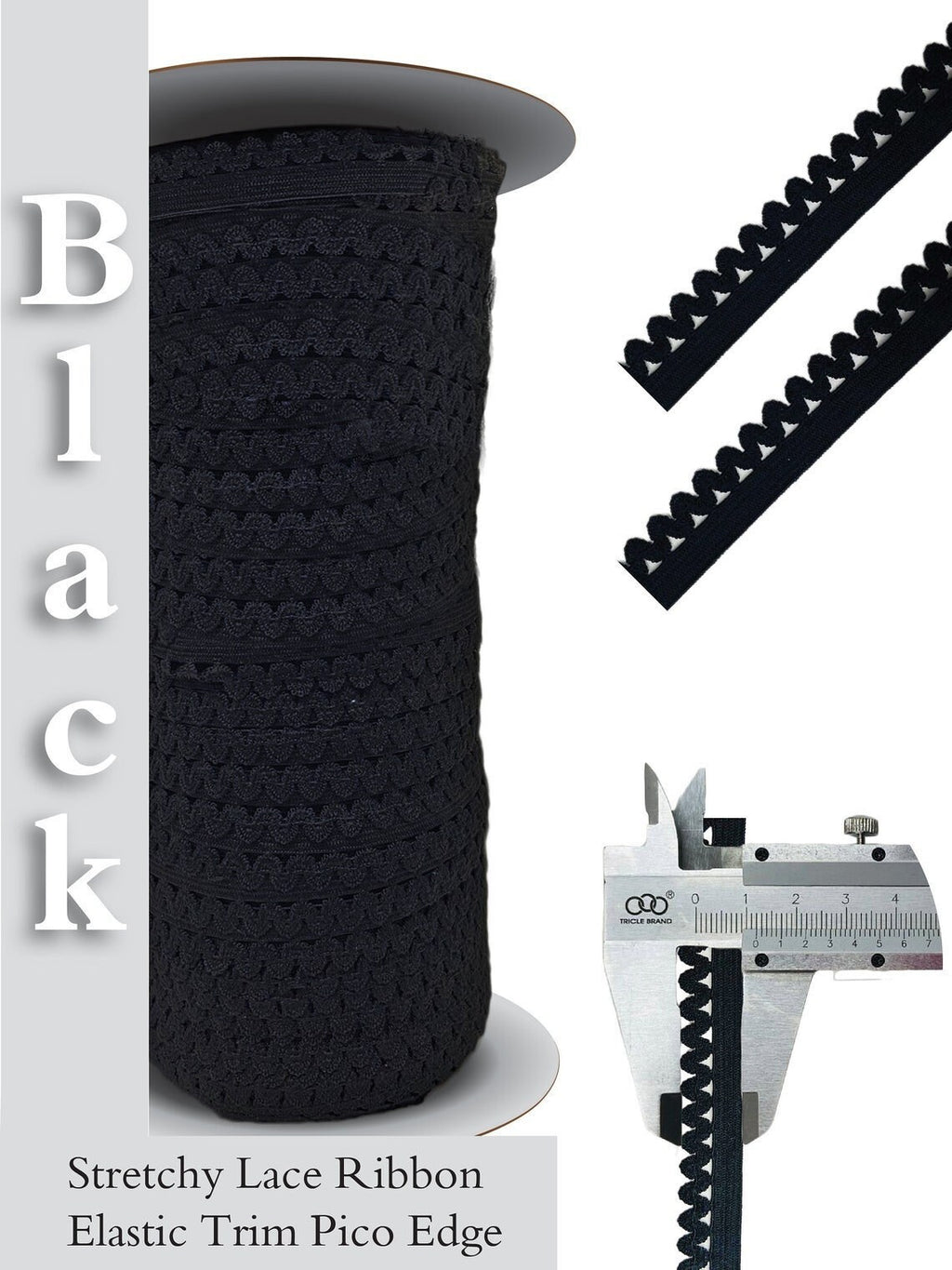 Black / White Stretchy Edge Trim 12 mm Width Lace Elastic Picot Edge 10 Yards FREE SHIPPING - TL952A