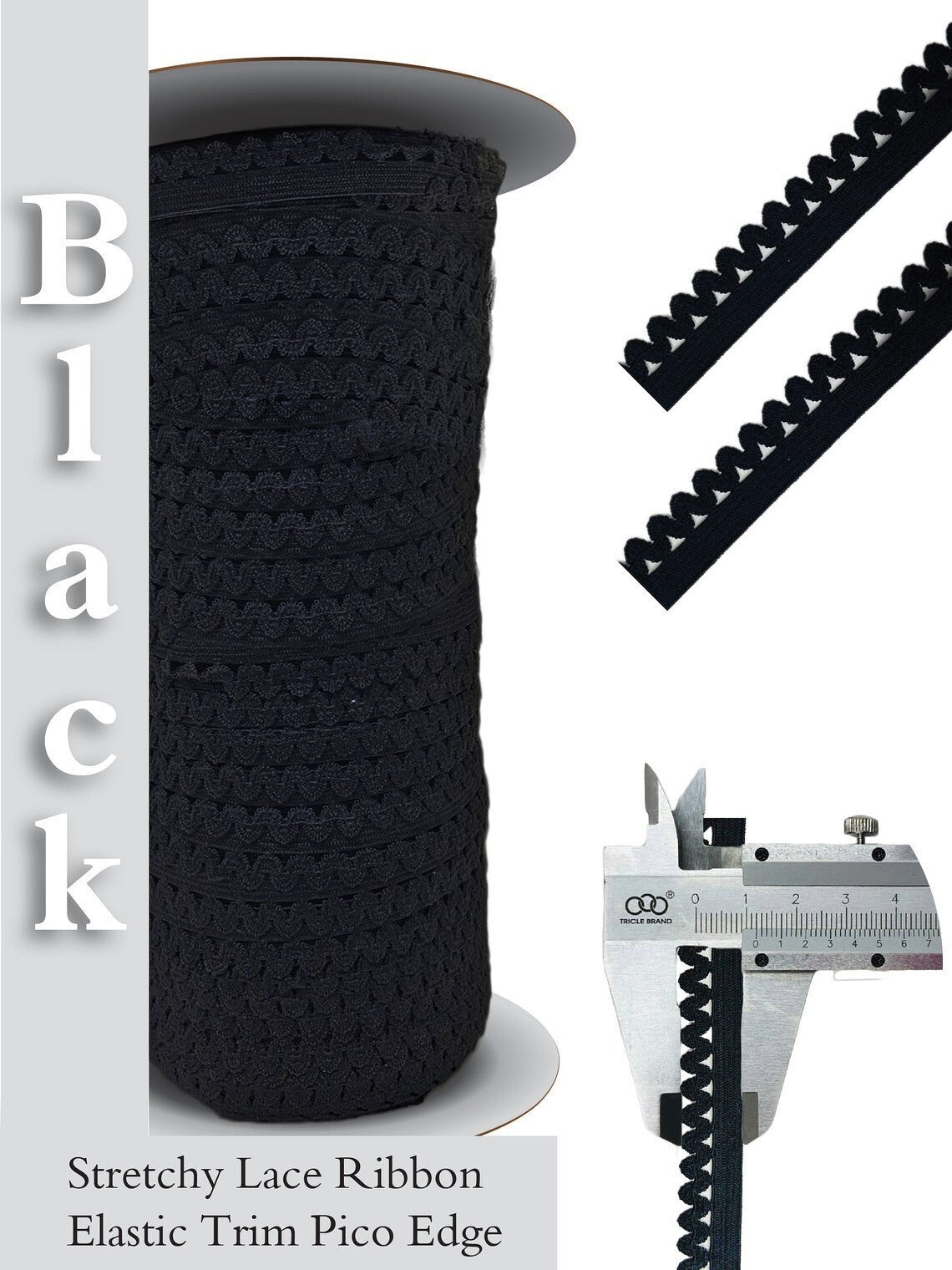 Black / White Stretchy Edge Trim 12 mm Width Lace Elastic Picot Edge 10 Yards FREE SHIPPING - TL952A